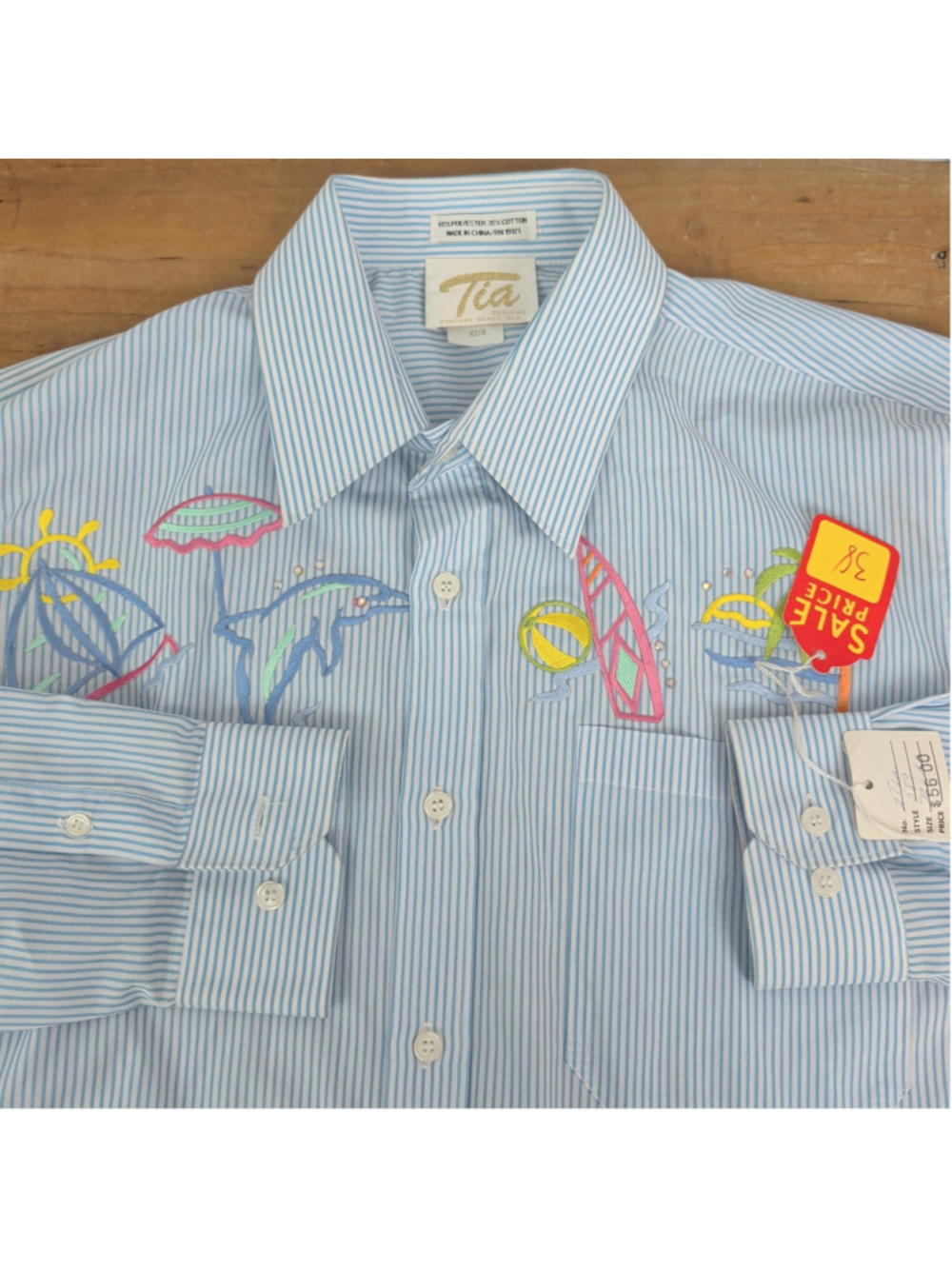 Men's Tia New Old Stock Ocean Embroidered Oxford Shirt Medium